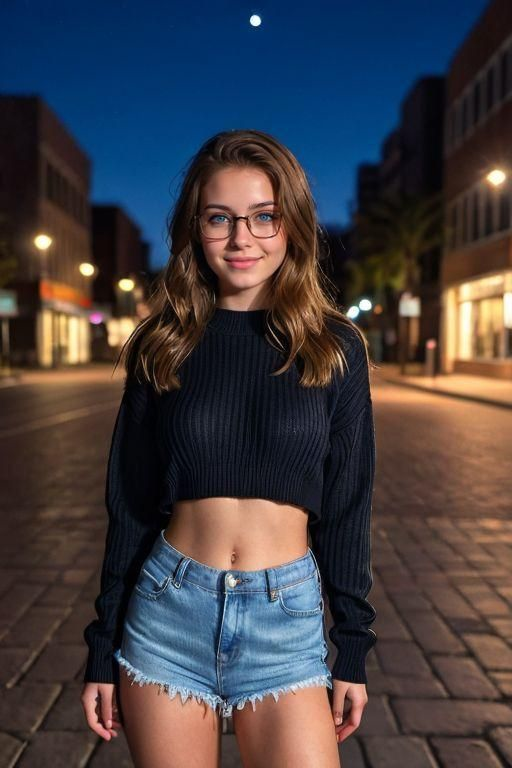 Prompt: Woman standing in an empty street. Night lights. Wearing glasses while smiling at the camera