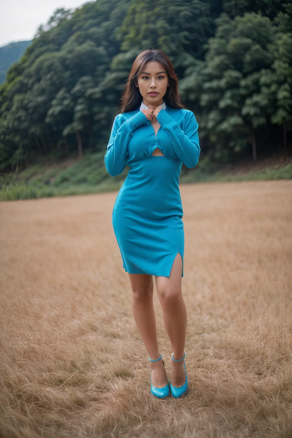 23 assistants home wearing a turquoise cashmere Diver uniform holding tits neutral 1719872325672