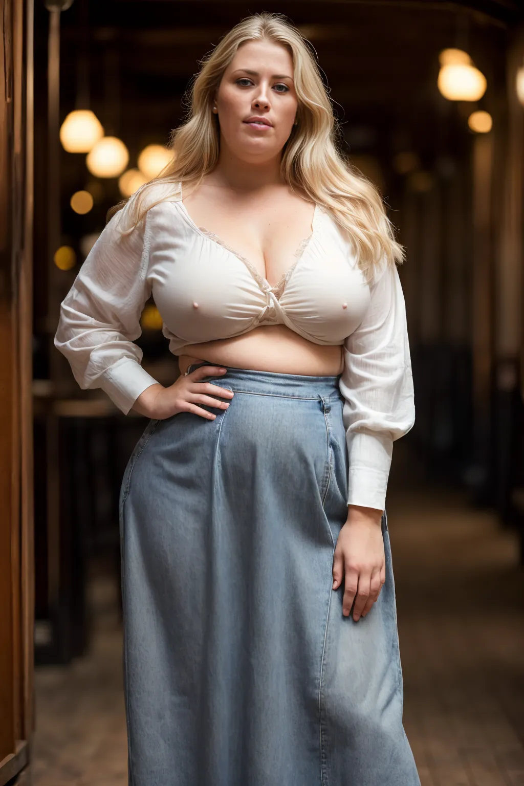 28 bar wearing a brown denim long skirt standing up neutral 1719876126890
