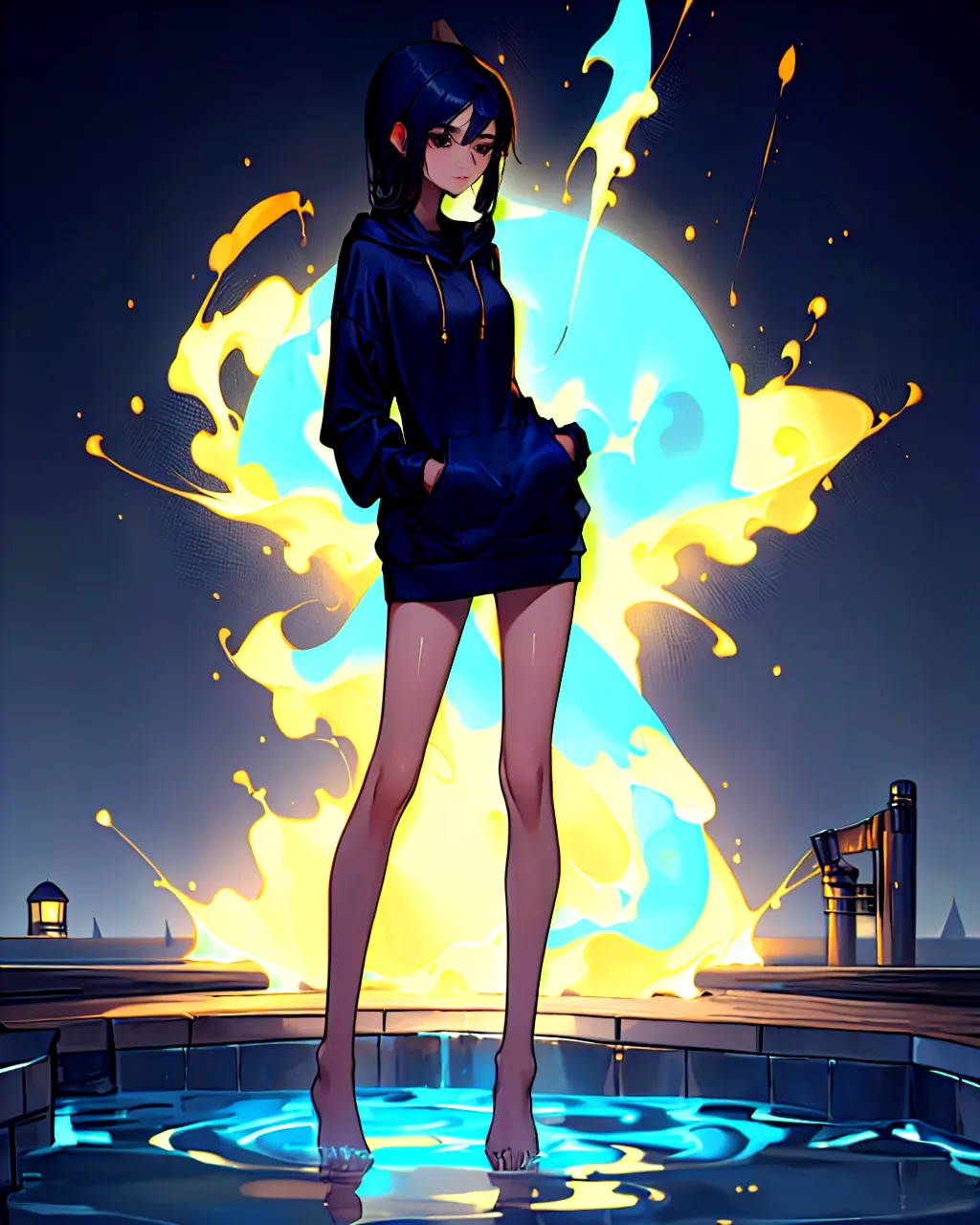 33 hot tub wearing a navy silk hoodie full body neutral 1719934114045