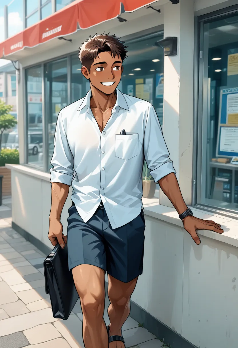 36414 yacht office shirt shorts sandals flexing muscles happy 1777097041673